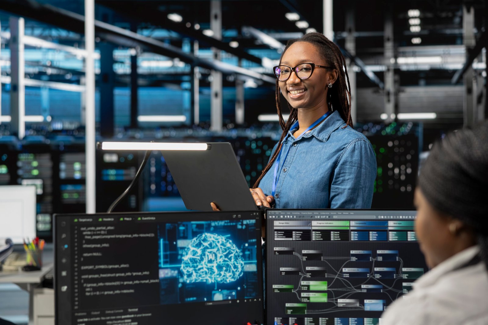 service-1 happy specialist inspecting neural network data center used for machine learning